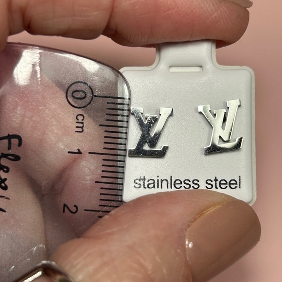 Silver Stainless Steel Logo Stud Earrings - Picture 8 of 8